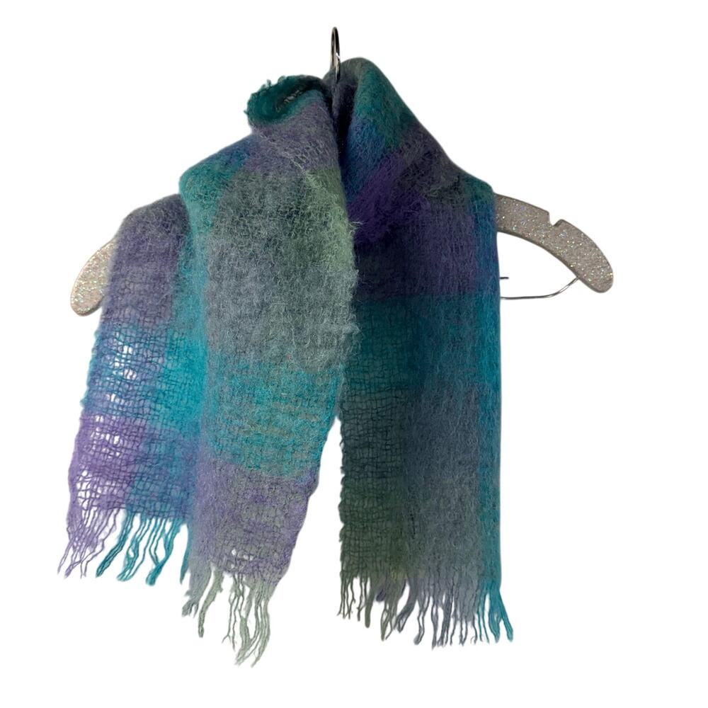Heather Glen Mohair Blend Scarf Plaid Check Fringe Scotland Blue Green